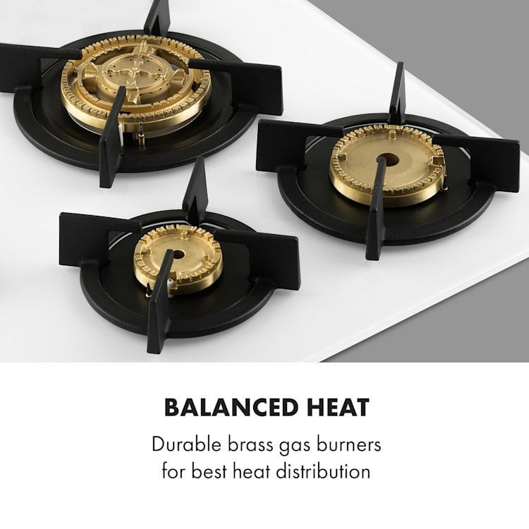 Goldflame 5, Piano Cottura a Gas, 5 Fornelli, Bruciatore in Ottone, Vetroceramica Bianco | 5 bruciatori