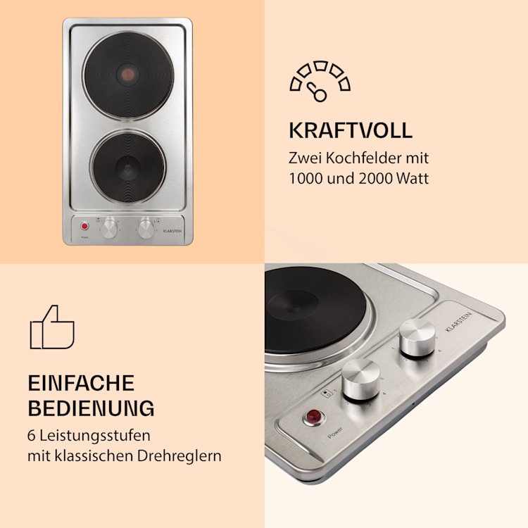 Appetito Domino Elektrokochfeld 2 Platten 6 Leistungsstufen 3000 Watt Edelstahl Silber