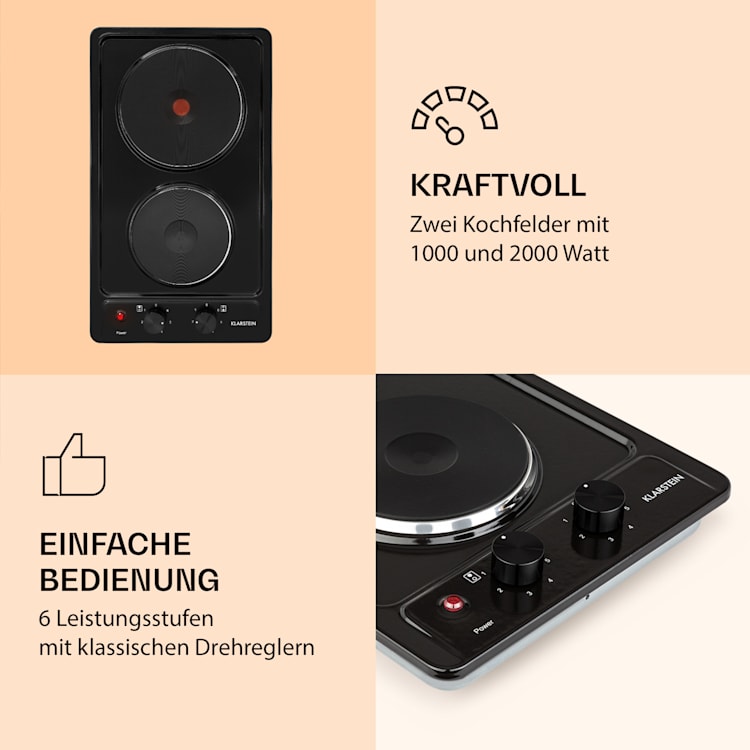 Appetito Domino Elektrokochfeld 2 Platten 6 Leistungsstufen 3000 Watt Edelstahl Schwarz