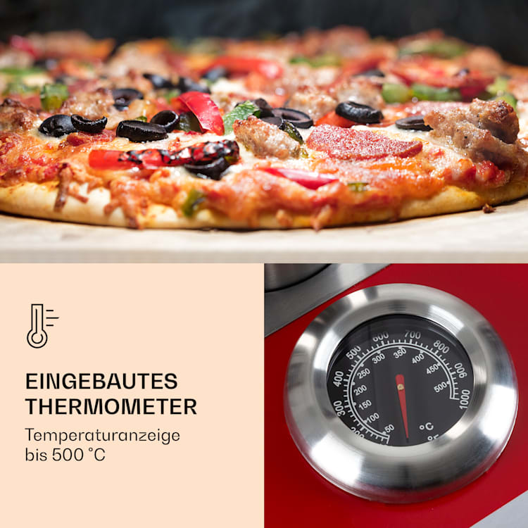 Diavolo Pizza-Pelletofen inkl. Pizzastein Thermometer Edelstahl Rot