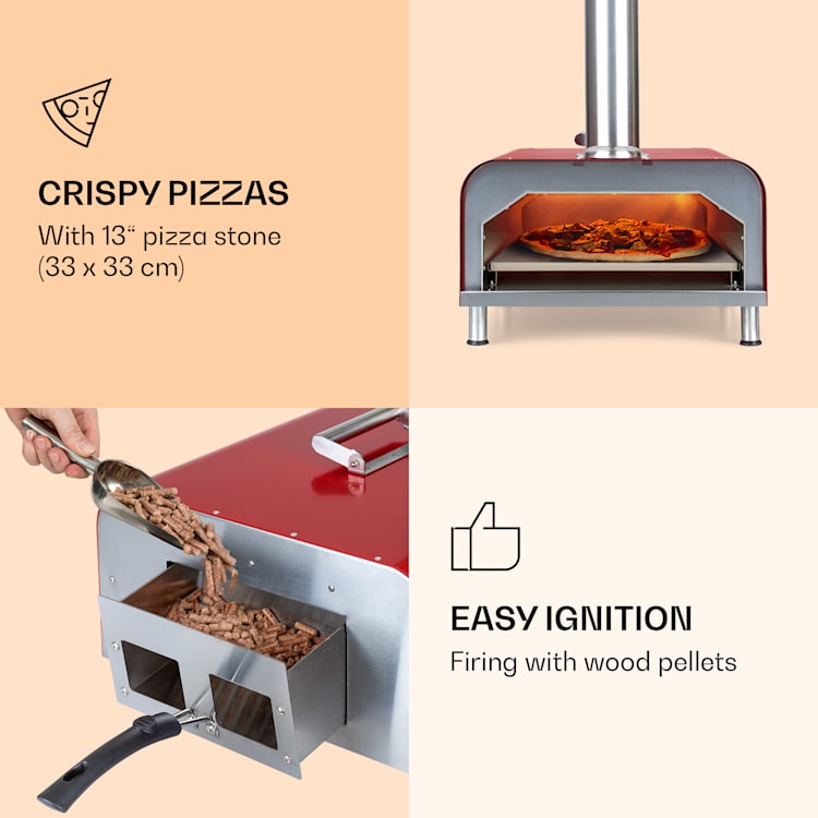 Diavolo, pellet pizzasütő, pizzakővel, hőmérővel, rozsdamentes acélból Piros