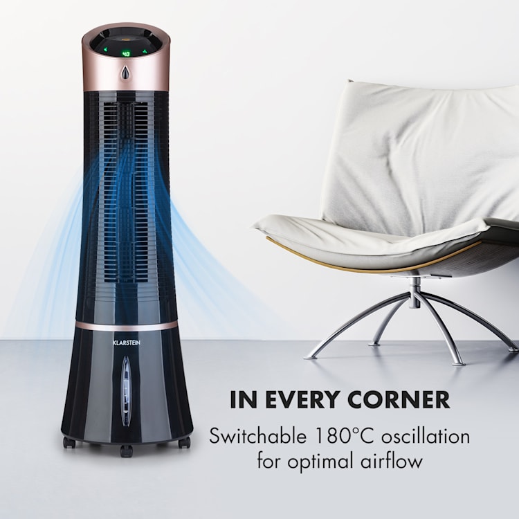 Skyscraper Ice 4 în 1, ventilator, răcitor de aer, purificator de aer, umidificator, 210 m³/h, 30 W, oscilant, mobil, telecomandă Rosegold