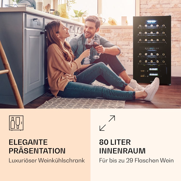 Klarstein Shiraz 29 Duo Weinkühlschrank 2 Zonen 80L/29 Flaschen 5-22°C Touch schwarz 29 Flaschen
