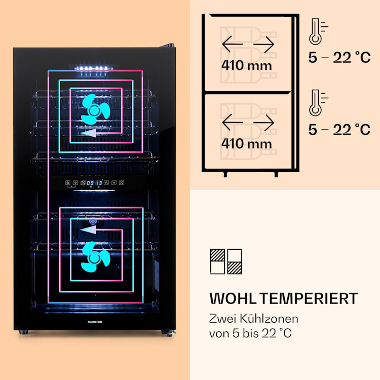 Klarstein Shiraz 29 Duo Weinkühlschrank 2 Zonen 80L/29 Flaschen 5-22°C Touch schwarz 29 Flaschen