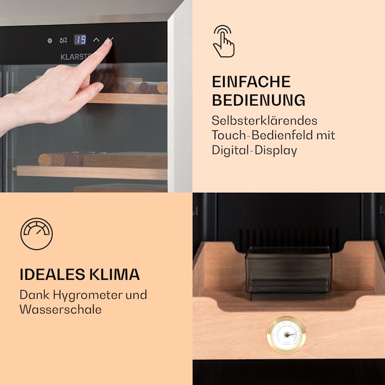 Klarstein El Presidente 48 Zigarren-Humidor 48L 3 Einschübe 1 Fach Zedernholz Silber