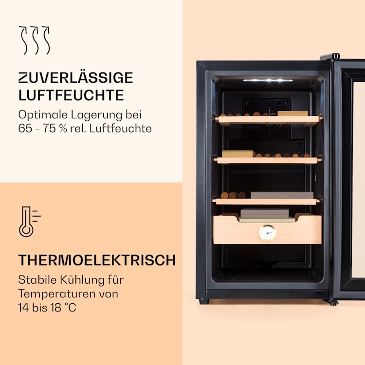 Klarstein El Presidente 48 Zigarren-Humidor 48L 3 Einschübe 1 Fach Zedernholz Schwarz