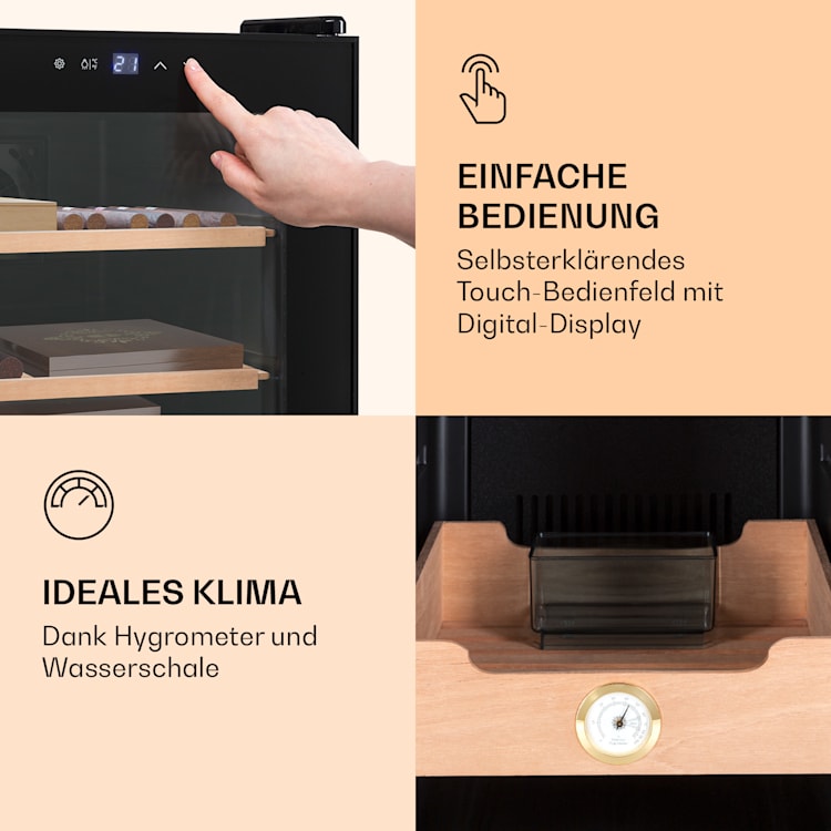 Klarstein El Presidente 48 Zigarren-Humidor 48L 3 Einschübe 1 Fach Zedernholz Schwarz