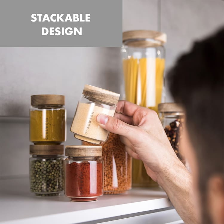 Cassia, Spice Jars, 6 pcs., 130 ml, Borosilicate Glass, Wooden Lid, Airtight