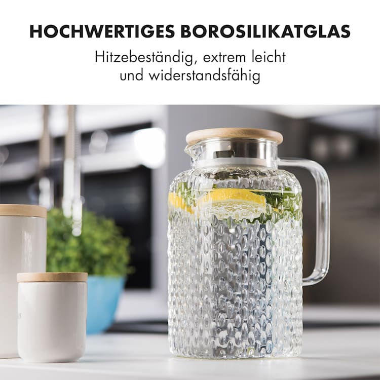 Glaswerk Livenza Wasserkrug 1,5 Liter Borosilikatglas Edelstahlsieb Eichenholz-Deckel 1,5 Ltr