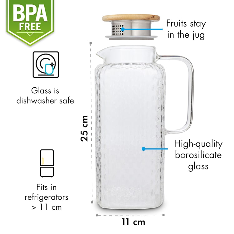 Livenza, Water Jug, 1.9 Litre, Borosilicate Glass, Stainless Steel Strainer, Oak Wood Lid 1,9 Ltr