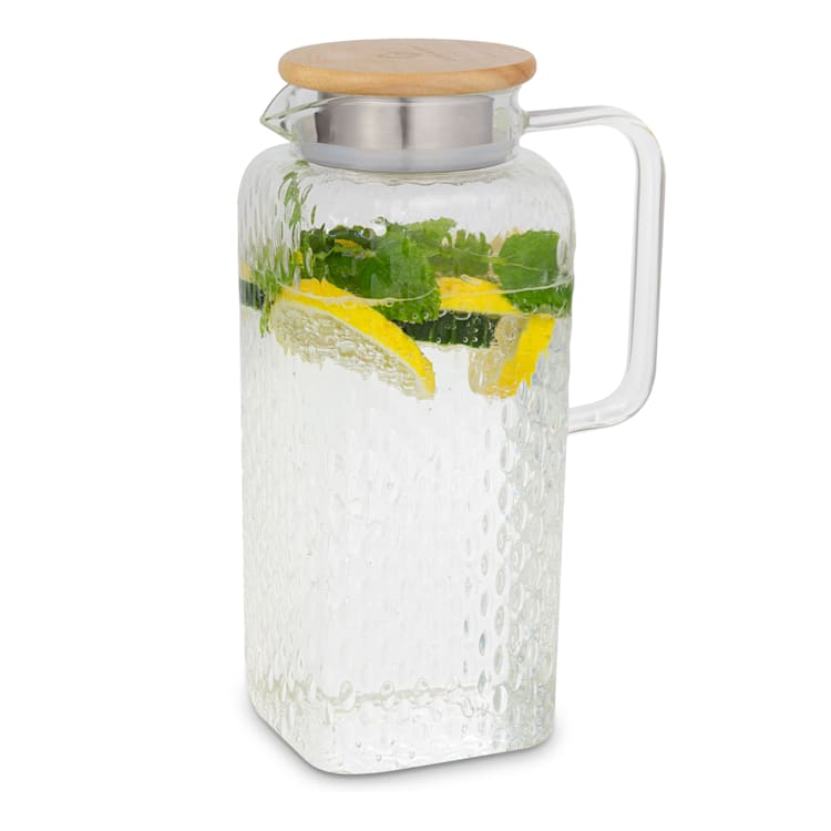 Livenza carafe d'eau 1,9 litre en verre borosilicaté, passoire en acier inoxydable, couvercle en bois de chêne 1,9 Ltr