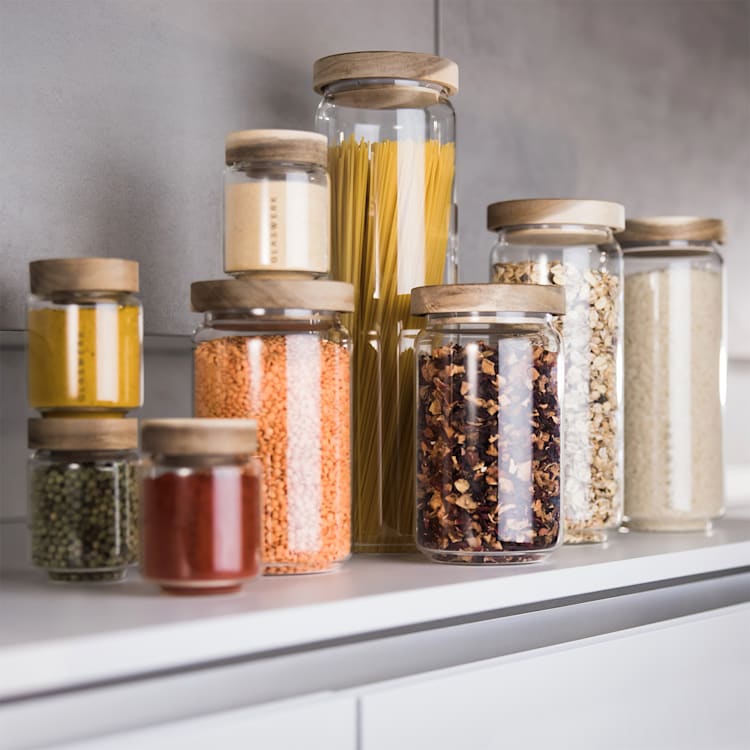 Lovage, Storage Jars, 0.75 1.1 1.5 l, Set of 3, Borosilicate Glass, Acacia Wood Lid, Silicone