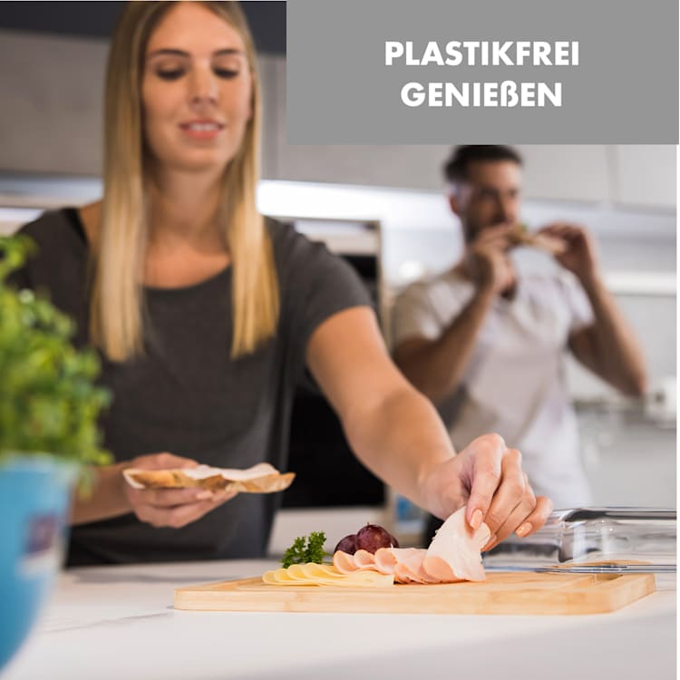 Glaswerk Hermatige Aufschnittbox mit Glasdeckel 2er Set Borosilikatglas Bambus Schneidebret