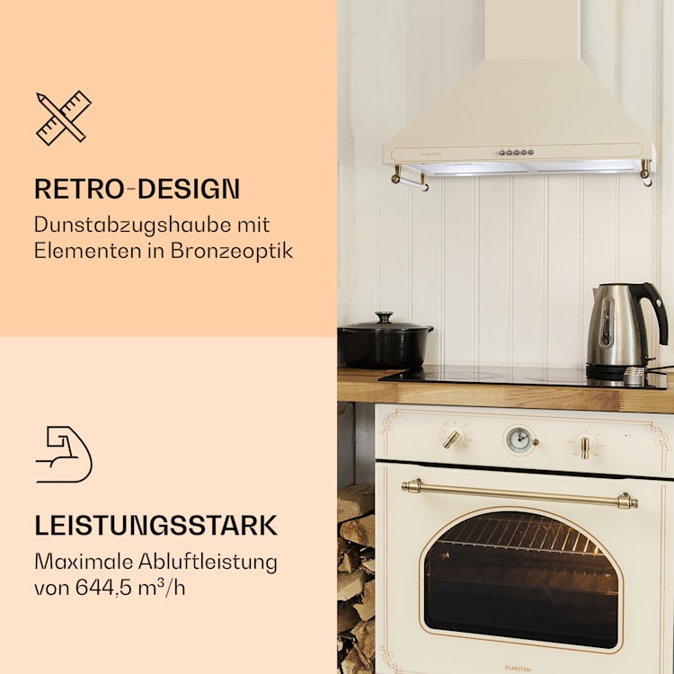 Victoria Dunstabzugshaube 60cm Retro-Design 644,5m³/h 2 LED-Lampen Elfenbein