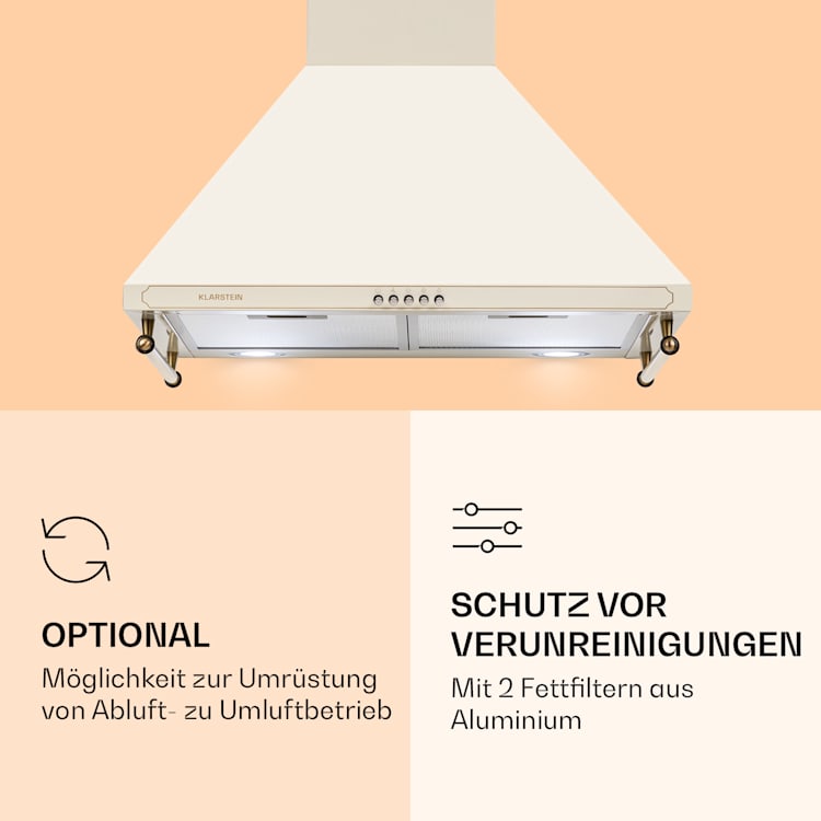 Victoria Dunstabzugshaube 60cm Retro-Design 644,5m³/h 2 LED-Lampen Elfenbein