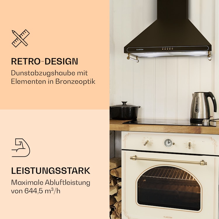 Victoria Dunstabzugshaube 60cm Retro-Design 644,5m³/h 2 LED-Lampen Schwarz