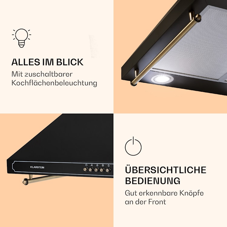 Victoria Dunstabzugshaube 60cm Retro-Design 644,5m³/h 2 LED-Lampen Schwarz