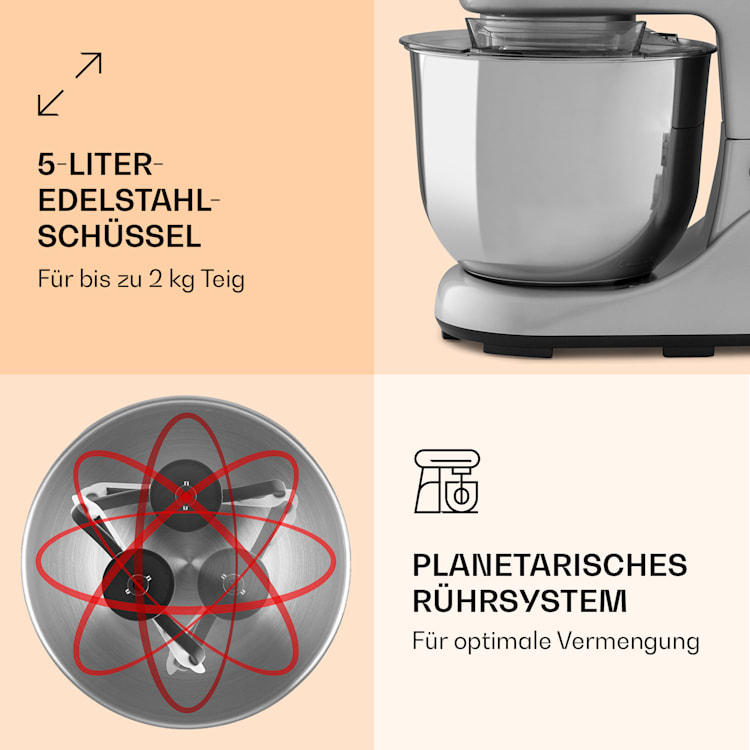Bella Pico 2G Küchenmaschine 1300W 1,7PS 6 Stufen 5 Liter Silber