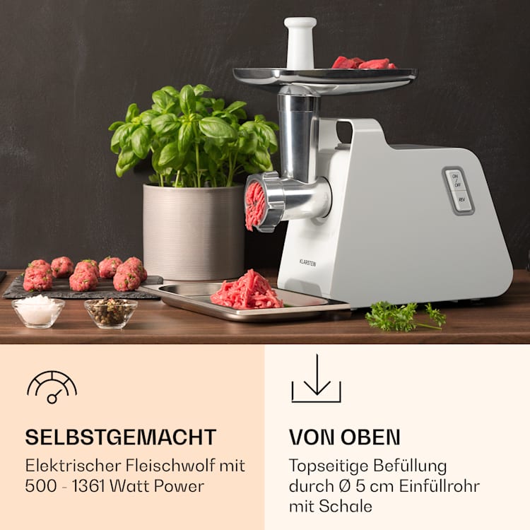 Mighty Mince elektrischer Fleischwolf 500 - 1361 Watt 3 Stahl-Lochscheiben Weiß