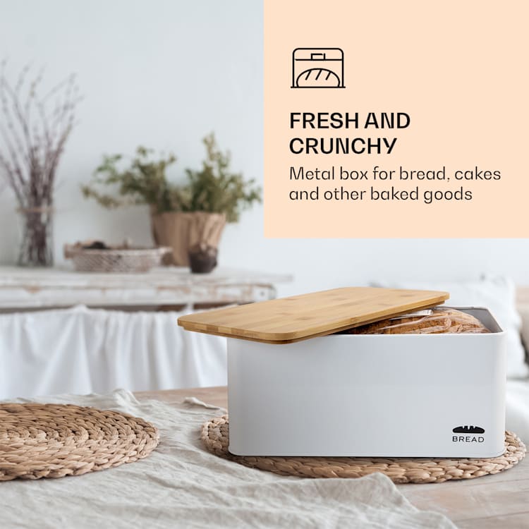 Oklahoma Bread Bin Metal 35.5 x 15.5 x 23 cm Bamboo Lid Cutting Board White