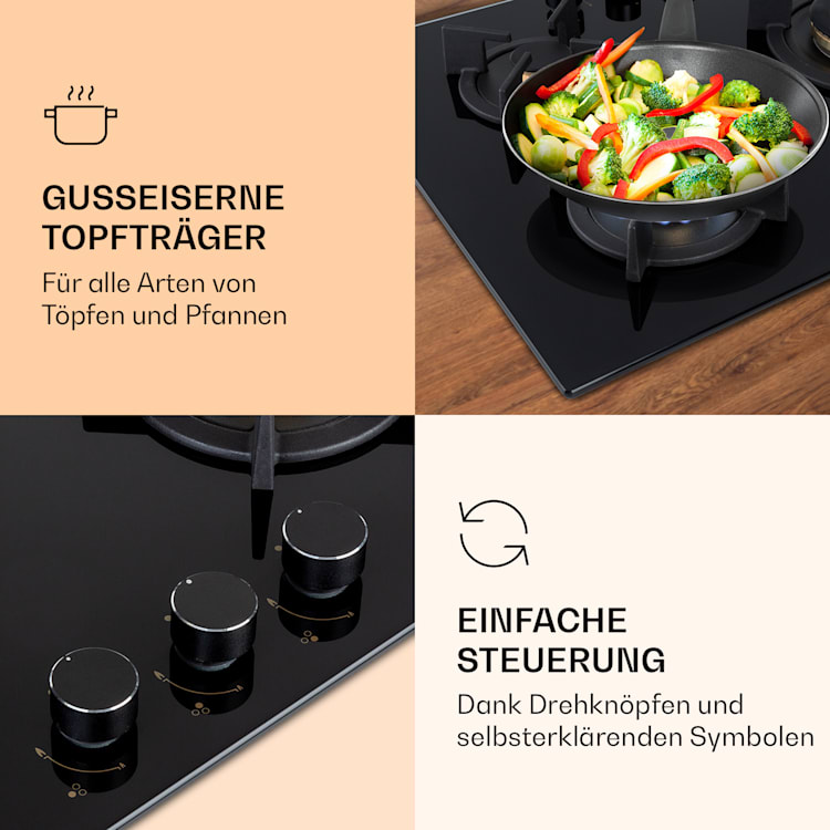 Goldflame 3 Gaskochfeld 3-flammig Messing-Brenner Glaskeramik Schwarz