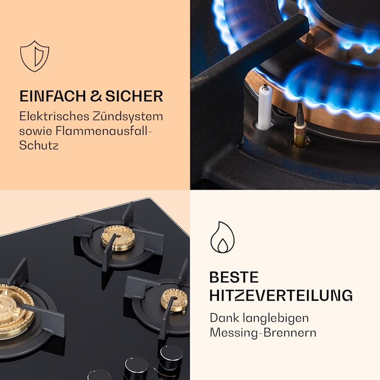 Goldflame 3 Gaskochfeld 3-flammig Messing-Brenner Glaskeramik Schwarz