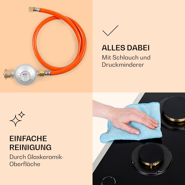 Goldflame Domino Prime Gaskochfeld 2-flammig Messing-Brenner Glaskeramik Schwarz