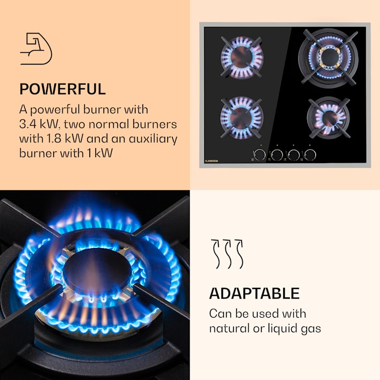 Goldflame Domino 4 Prime gas hob 4-burner brass burner glass ceramic Black