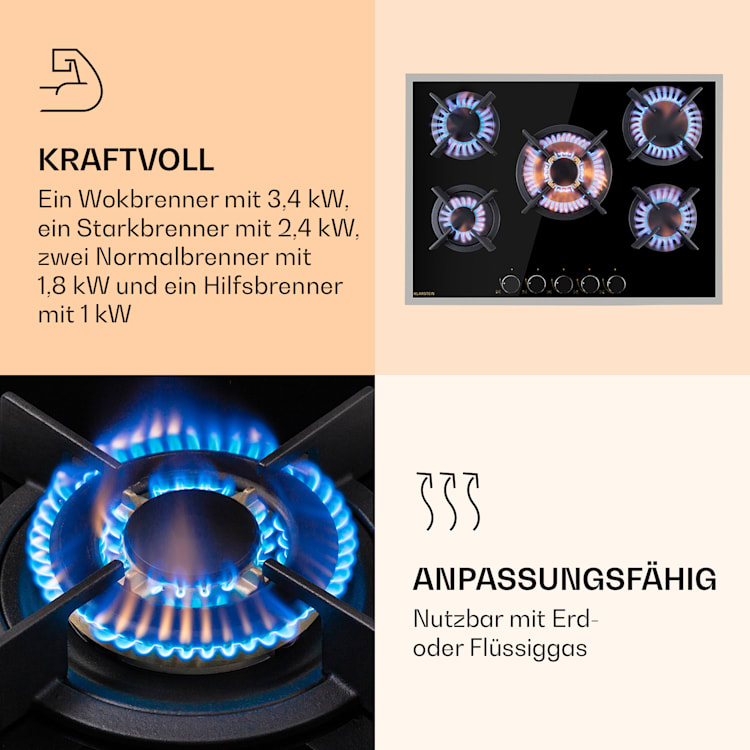 Goldflame 5 Prime Gaskochfeld 5-flammig Messing-Brenner Glaskeramik Schwarz