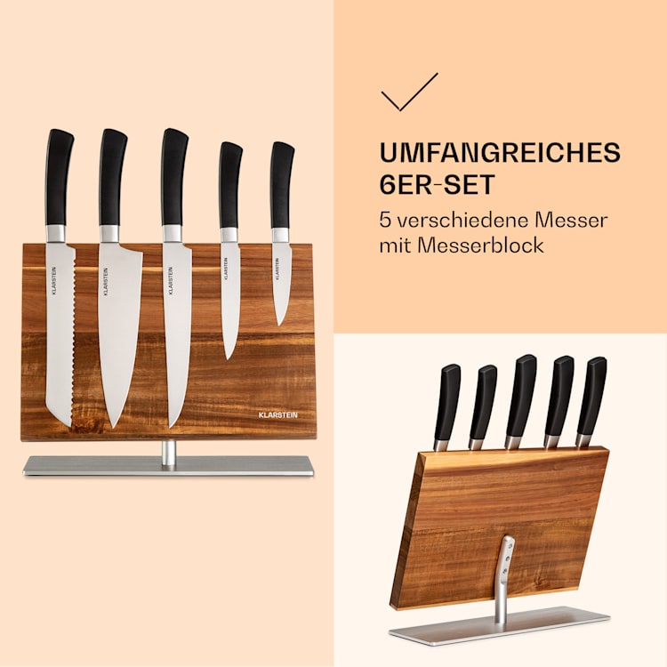 Kiru 6tlg. Messer-Set 5 Messer Stahlklingen edler Akazienholz-Block magnetisch