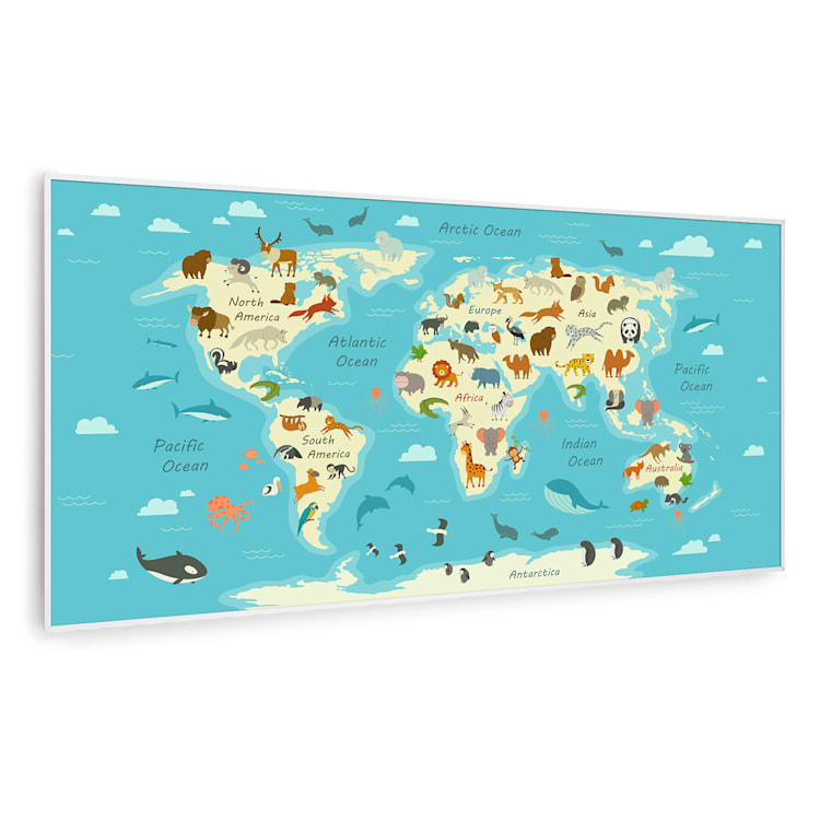 Wonderwall Air Art Smart Infrarotheizung Karte mit Tieren 120x60cm 700W 120 x 60 cm | Karte mit Tieren, weißer Rahmen
