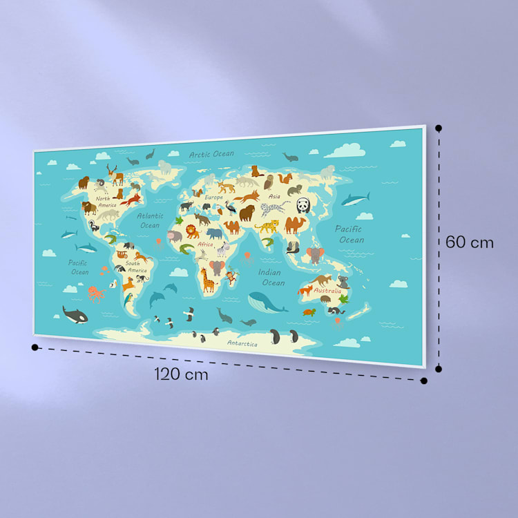 Wonderwall Air Art Smart Infrarotheizung Karte mit Tieren 120x60cm 700W 120 x 60 cm | Karte mit Tieren, weißer Rahmen