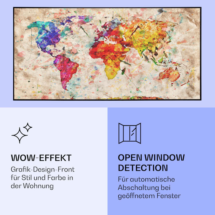 Wonderwall Air Art Smart Infrarotheizung Farbige Karte 120x60cm 700W 120 x 60 cm | Farbige Karte, schwarzer Rahmen