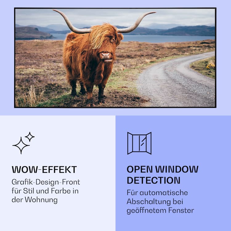 Wonderwall Air Art Smart Infrarotheizung Kuh 120x60cm 700W 120 x 60 cm | Kuh, schwarzer Rahmen