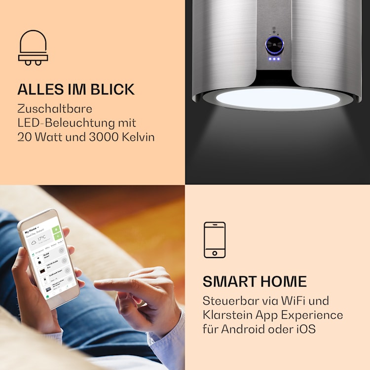Skyfall Smart Inselabzugshaube Ø45cm Umluft 402m³/h LED Silber
