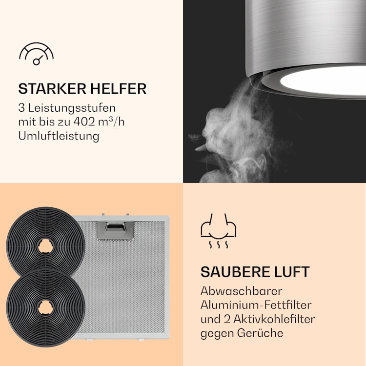 Skyfall Smart Inselabzugshaube Ø45cm Umluft 402m³/h LED Silber