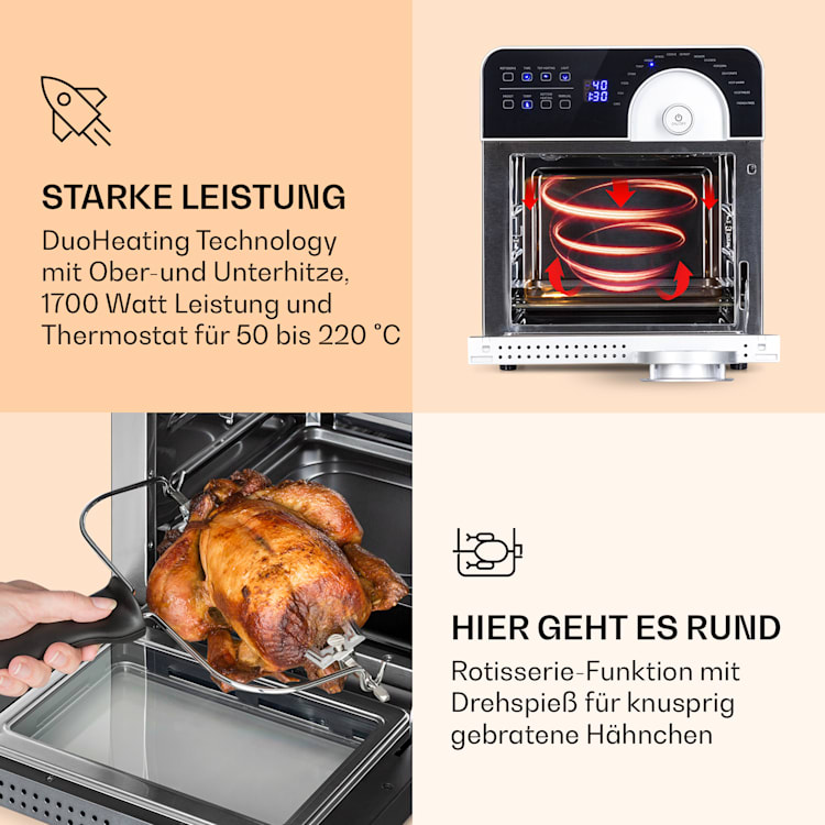 AeroVital Cube Chef Heißluftfritteuse 1700 W 14 Liter 16 Programme Ober- und Unterhitze Silber