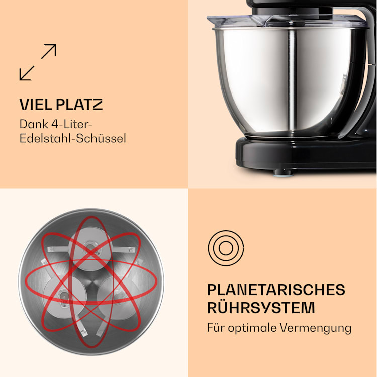 Bella Mini Rührmaschine 1200 W 6 Stufen 4 Liter Edelstahl Pulsfunktion Schwarz