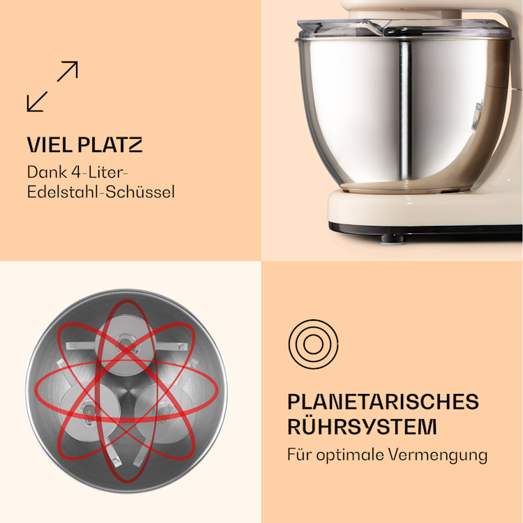 Bella Mini Rührmaschine 1200 W 6 Stufen 4 Liter Edelstahl Pulsfunktion Creme