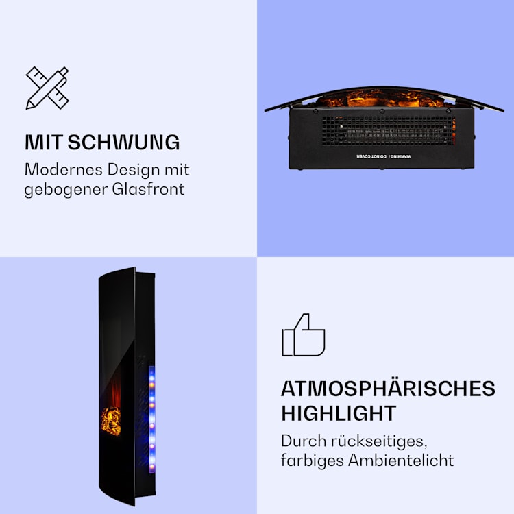 Klarstein Lamington Elektrokamin 2000 W LED-Flammen Heizlüfter Timer Ambientelicht Schwarz