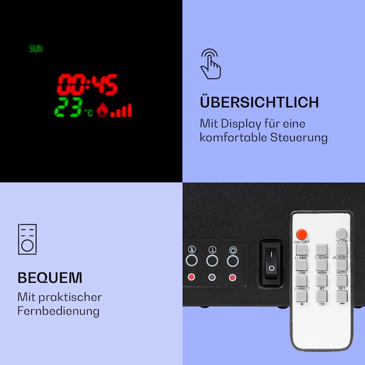 Klarstein Lamington Elektrokamin 2000 W LED-Flammen Heizlüfter Timer Ambientelicht Schwarz