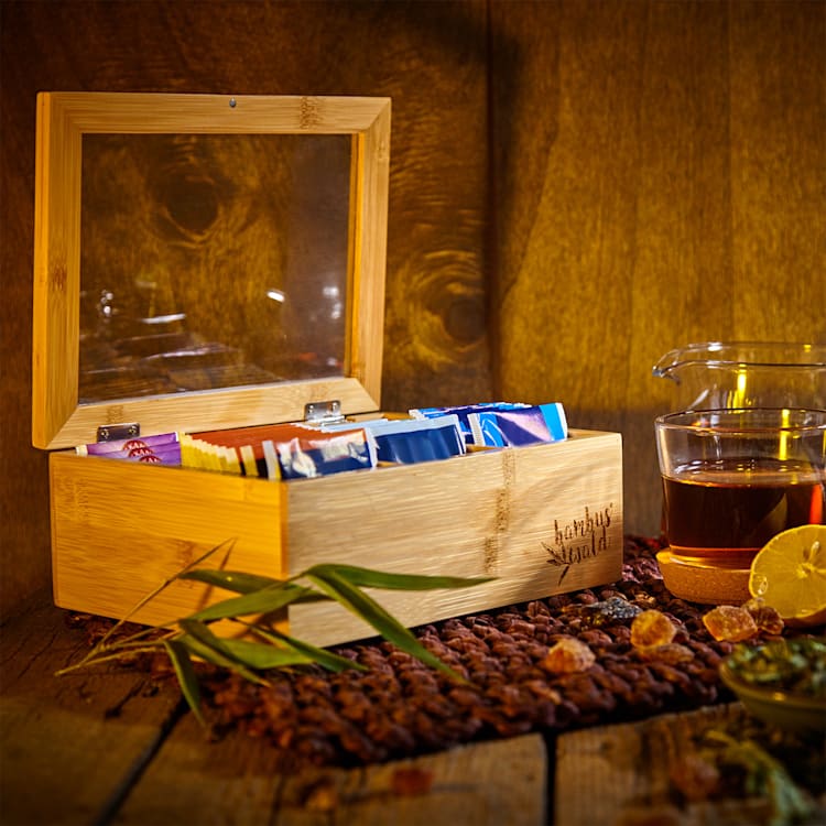 Tea box 8 compartments 120 tea bags plastic window bamboo 8 compartments