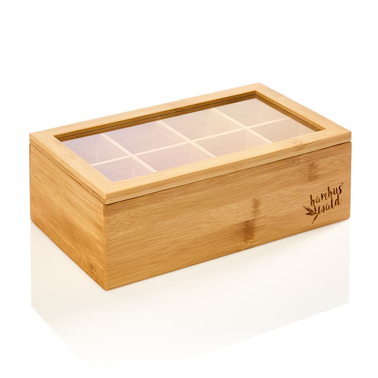 Tea box 8 compartments 120 tea bags plastic window bamboo 8 compartments