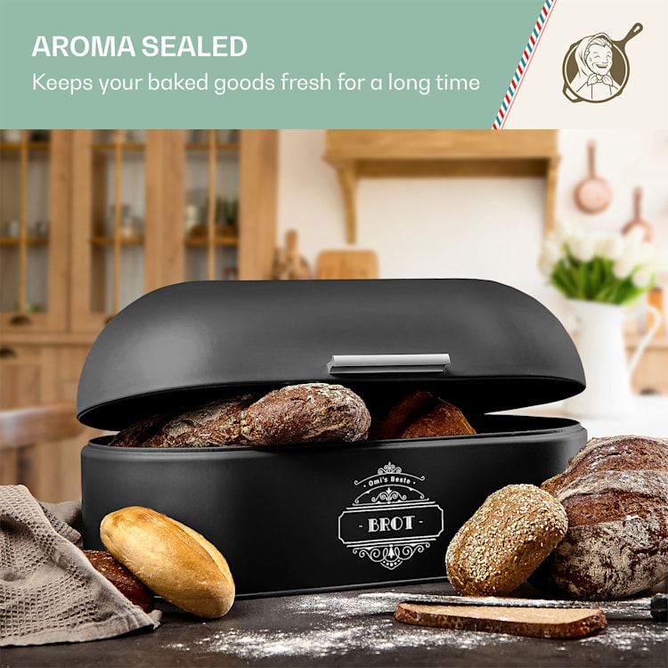 Metal bread box with wooden handle made of sheet metal aroma-tight retro look Black