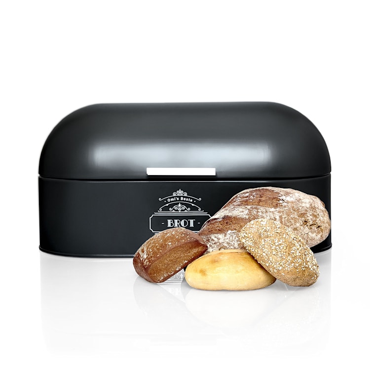 Metal bread box with wooden handle made of sheet metal aroma-tight retro look Black