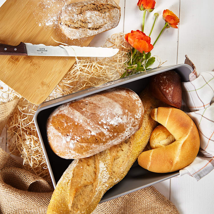 Stigby 2-in-1 bread box with cutting board sheet metal bamboo Grey