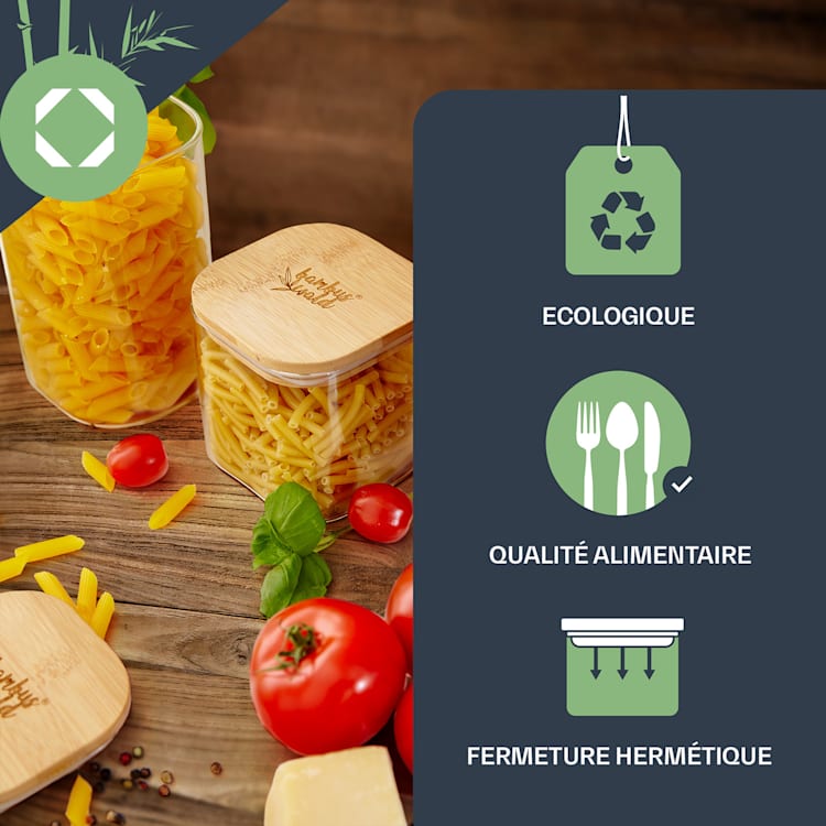 Bocal carré avec couvercle en bambou hermétique avec joint en silicone 10 x 16 x 10 cm 1200 ml 1200 ml