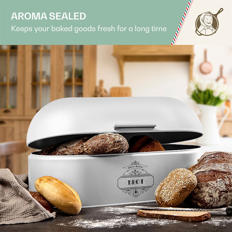 Metal bread box with wooden handle made of sheet metal aroma-tight retro look White