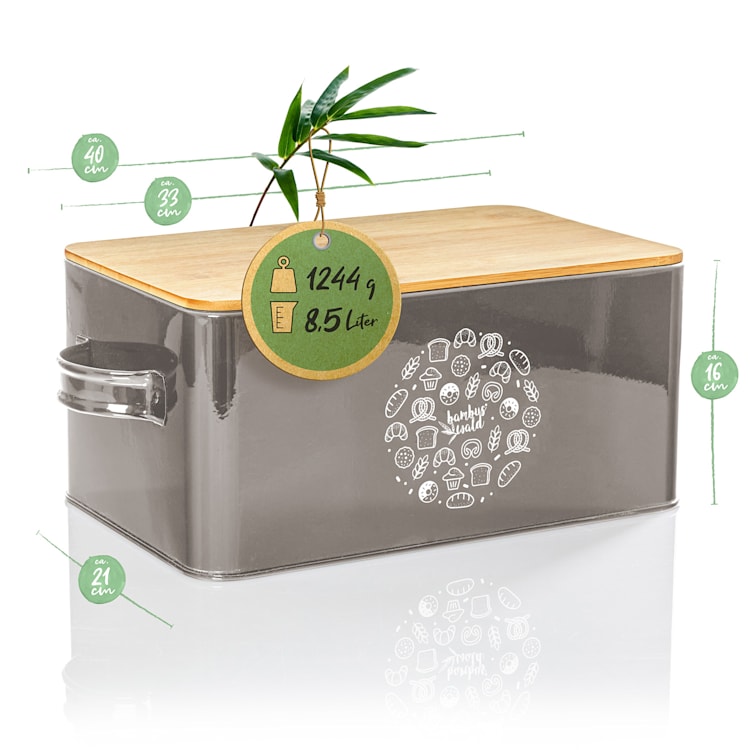 Gistad bread box sheet metal bamboo lid 44 x 16 x 21 cm (WxHxD) rectangular Grey