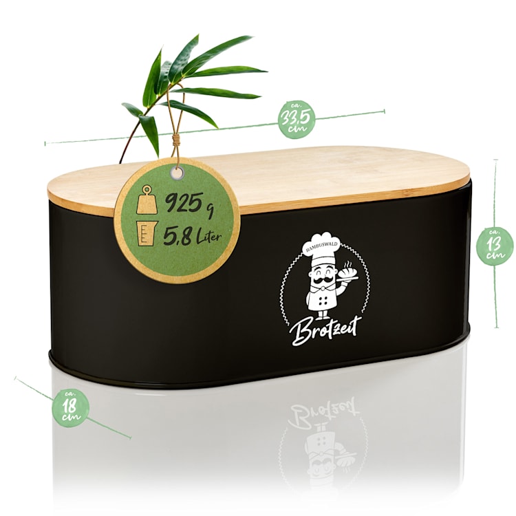 Rök Brotbox Metallblech Bambusdeckel 33,5 x 13 x 18 cm (BxHxT) oval Schwarz